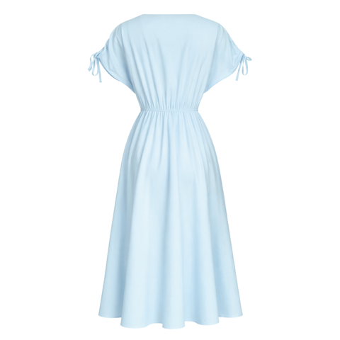 ÇİÇEK APLİKELİ DÜŞÜK OMUZ COTTON ELBİSE MAVİ