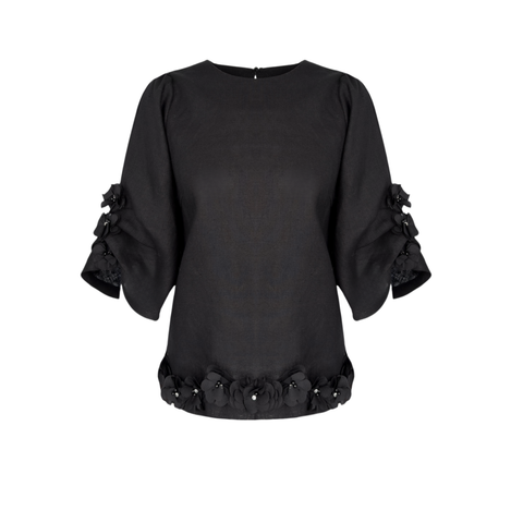 ÇİÇEK APLİKELİ %100 KETEN TAKIM SİYAH