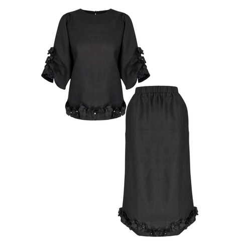 ÇİÇEK APLİKELİ %100 KETEN TAKIM SİYAH