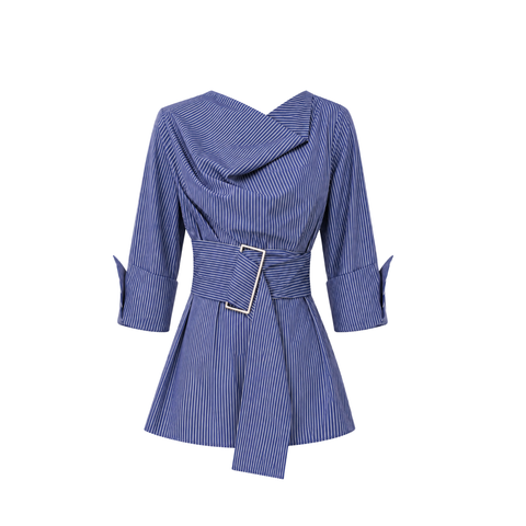 ÇİZGİ DETAY BELİ KUŞAKLI COTTON BLUZ