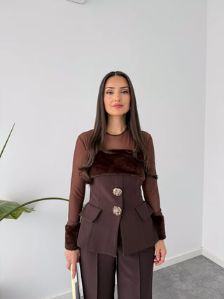 KÜRK DETAY GOLD DÜĞMELİ 3'LÜ TAKIM KAHVE