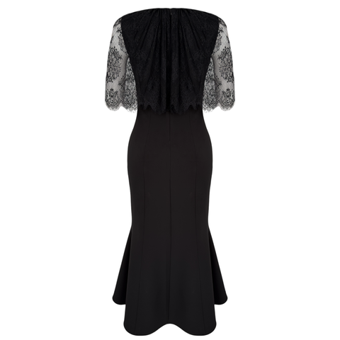 DANTEL PELERİNLİ SİYAH ELBİSE