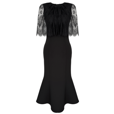 DANTEL PELERİNLİ SİYAH ELBİSE