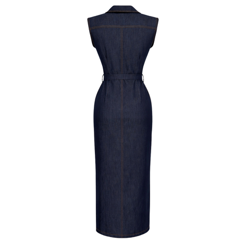 BELİ AKSESUARLI MİDİ BOY DENİM ELBİSE