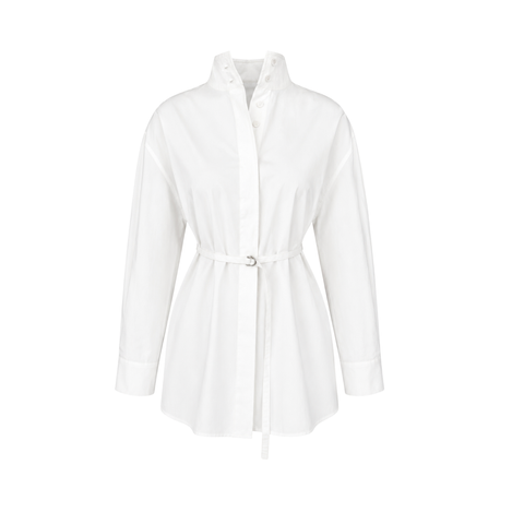 DİK YAKA BELİ BAĞLAMALI COTTON GÖMLEK BEYAZ