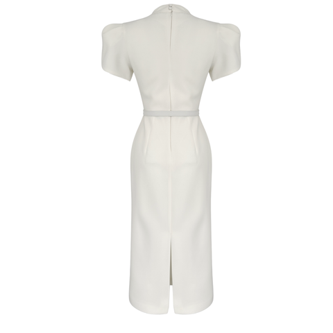 DİK YAKA KEMER DETAY KALEM ELBİSE EKRU