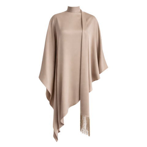 DİK YAKA ŞAL DETAY SATEN TAKIM BEJ