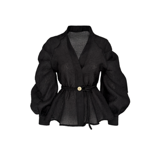 DİK YAKA VOLANLI BALON KOL BLUZ SİYAH