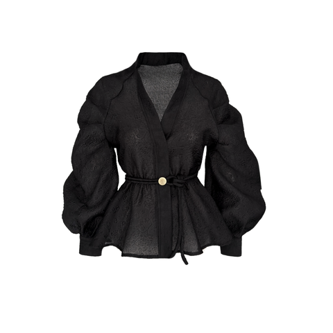 DİK YAKA VOLANLI BALON KOL BLUZ SİYAH