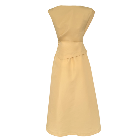 BEL DETAY DRAPELİ TAFTA ELBİSE SARI