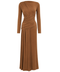 DRAPE DETAY MAKSİ BOY DÖKÜMLÜ ELBİSE CAMEL
