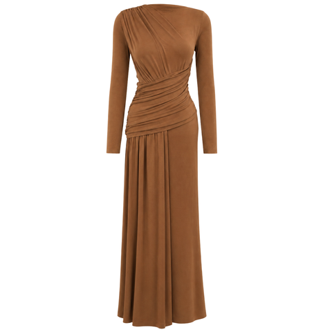 DRAPE DETAY MAKSİ BOY DÖKÜMLÜ ELBİSE CAMEL
