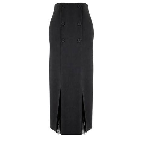 DÜĞME DETAY KUMAŞ GARNİLİ ÇİFT KAT ETEK SİYAH