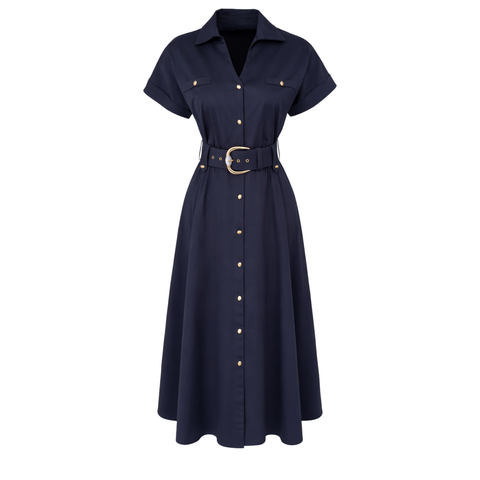 DÜŞÜK KOL KEMER DETAY ELBİSE LACİVERT