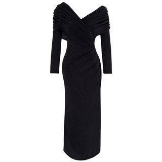 DÜŞÜK OMUZ DRAPE DETAY MAKSİ BOY ELBİSE