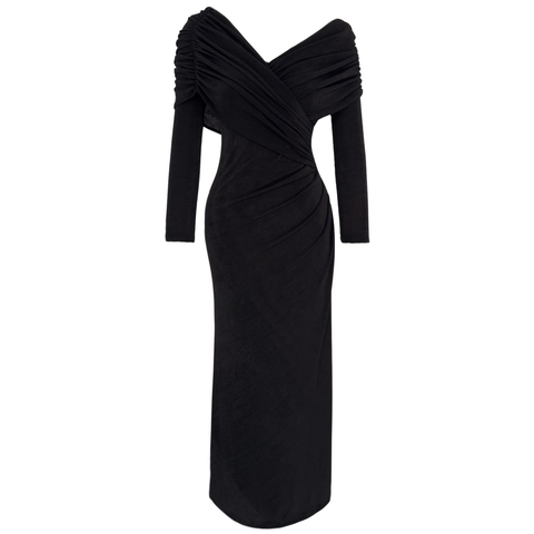 DÜŞÜK OMUZ DRAPE DETAY MAKSİ BOY ELBİSE