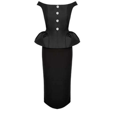 DÜŞÜK OMUZ DÜĞME DETAY KALEM ELBİSE SİYAH