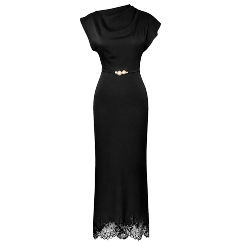 ETEĞİ DANTEL DETAY İNCİ KEMERLİ SATEN ELBİSE SİYAH