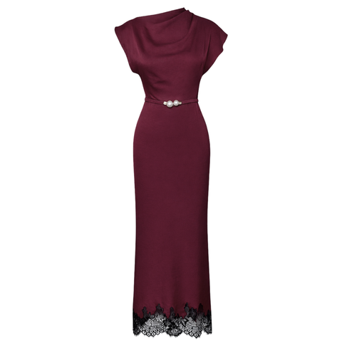 ETEĞİ DANTEL DETAY İNCİ KEMERLİ ELBİSE BORDO