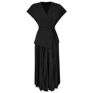 ETEĞİ PİLİSE DETAY YELEKLİ ELBİSE SİYAH