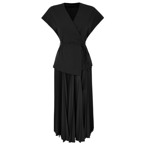 ETEĞİ PİLİSE DETAY YELEKLİ ELBİSE SİYAH