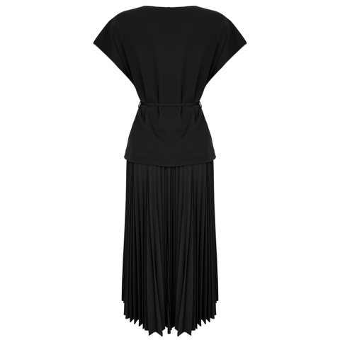 ETEĞİ PİLİSE DETAY YELEKLİ ELBİSE SİYAH