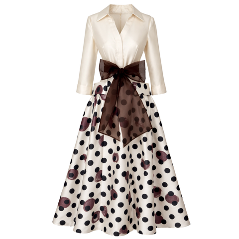 ETEĞİ PUANTİYELİ MAKSİ BOY TAFTA ELBİSE EKRU