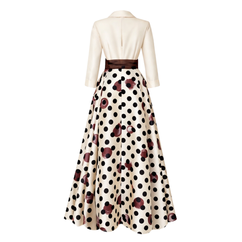 ETEĞİ PUANTİYELİ MAKSİ BOY TAFTA ELBİSE EKRU