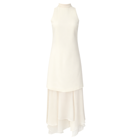 ETEĞİ TÜL DETAY KOLSUZ ELBİSE EKRU