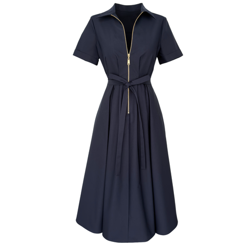 FERMUAR DETAY KISA KOL PİLELİ ELBİSE LACİVERT