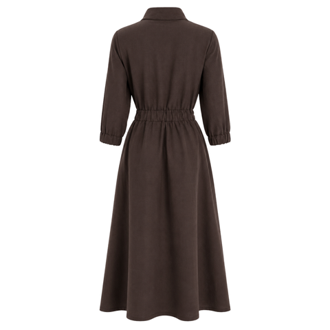 BELİ LASTİKLİ YAKASI FERMUAR DETAY TENCEL ELBİSE KAHVE