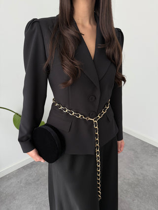 BELİ ZİNCİR AKSESUARLI ETEKLİ TAKIM SİYAH