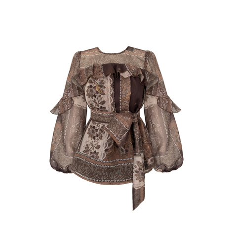 FLORAL DESEN VOLAN DETAYLI BLUZ KAHVE