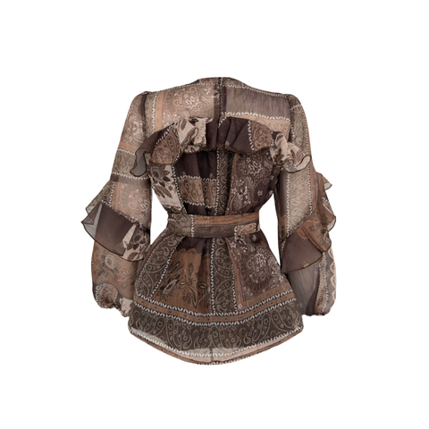 FLORAL DESEN VOLAN DETAYLI BLUZ KAHVE