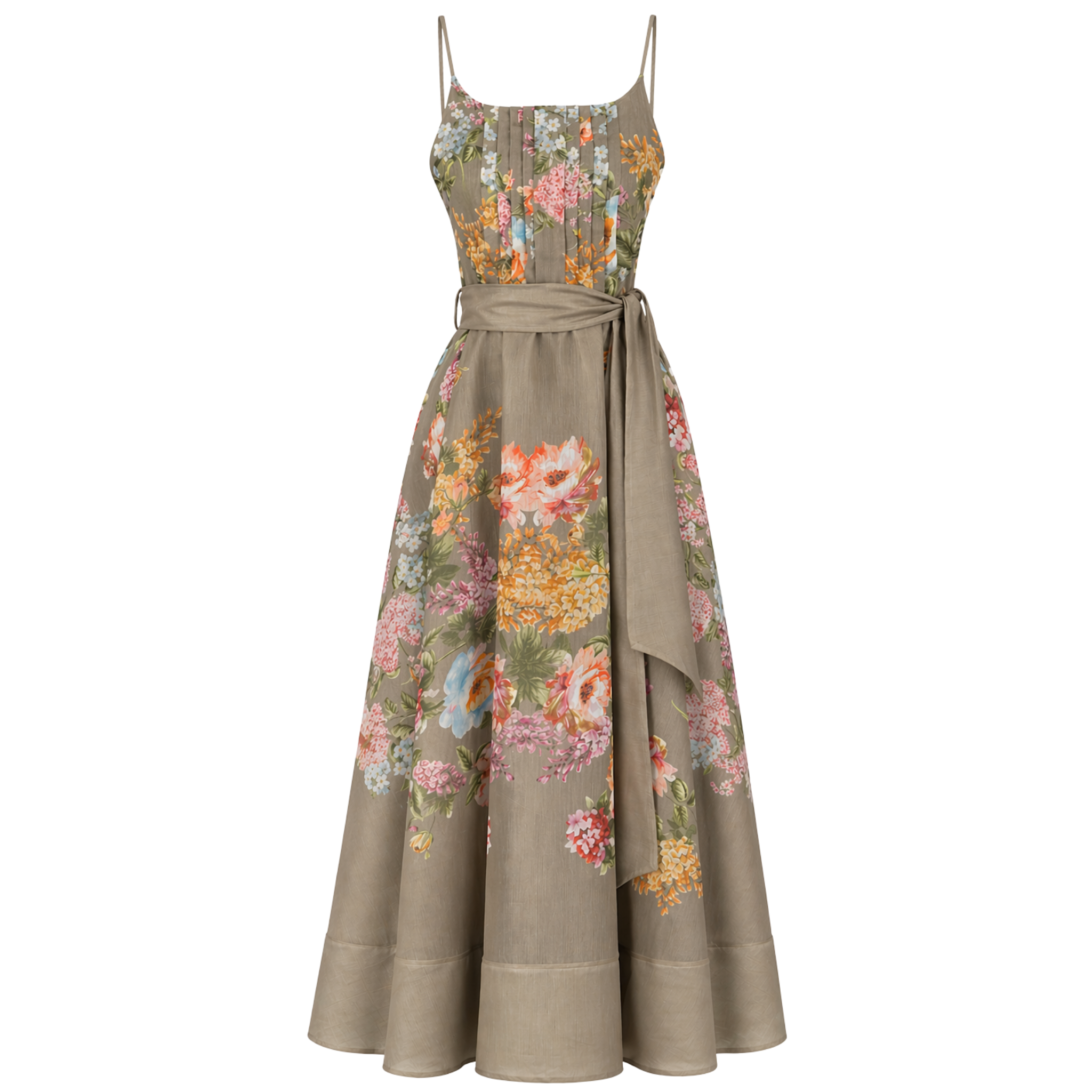 FLORAL DESEN PİLE DETAY MAKSİ BOY ELBİSE HAKİ