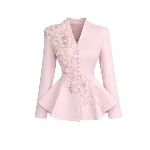 FLORAL İŞLEMELİ CEKET VE ETEK TAKIM PEMBE