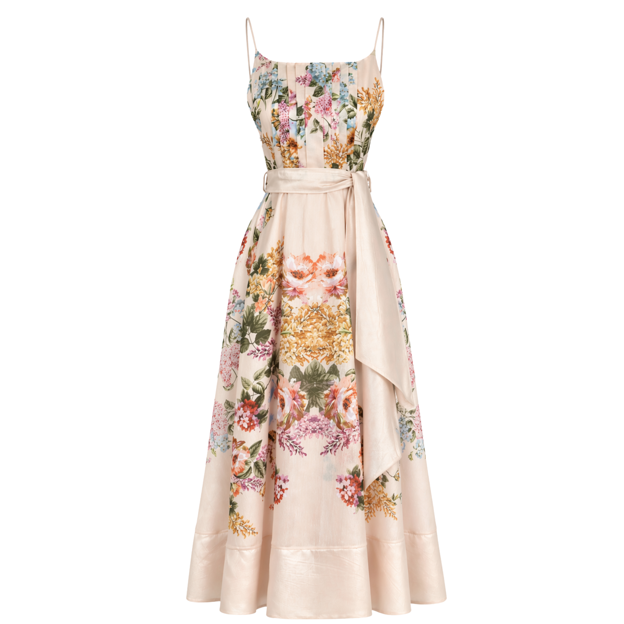 FLORAL DESEN PİLE DETAY MAKSİ BOY ELBİSE BEJ