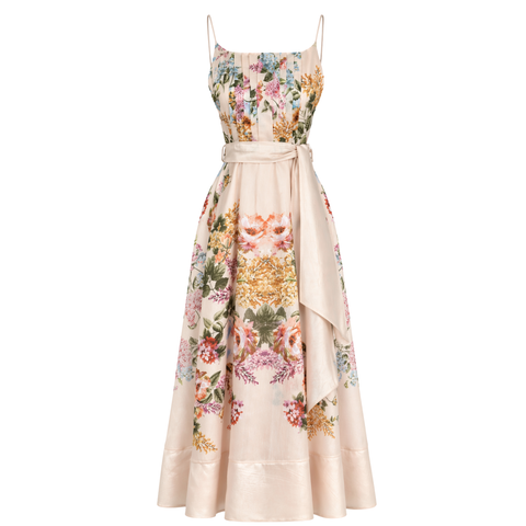 FLORAL DESEN PİLE DETAY MAKSİ BOY ELBİSE BEJ