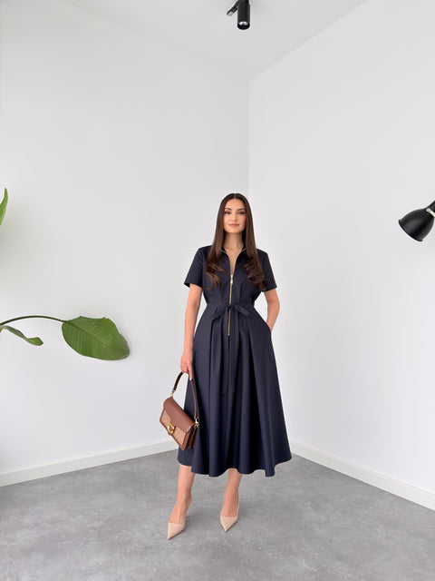 FERMUAR DETAY KISA KOL PİLELİ ELBİSE LACİVERT
