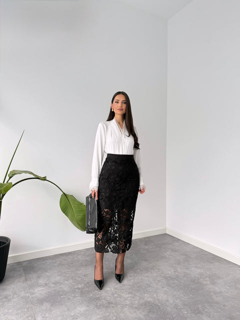 SİYAH GÜPÜR MİDİ BOY KALEM ETEK