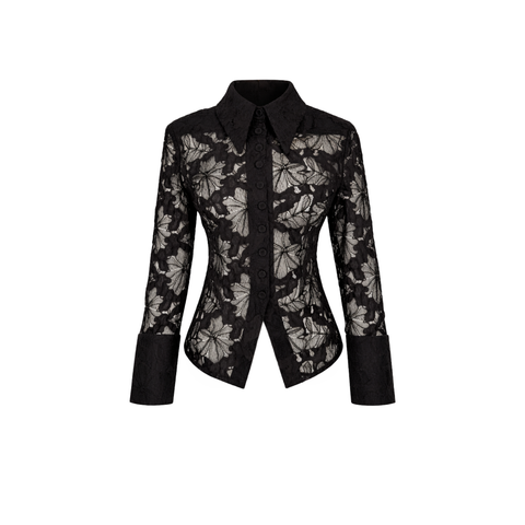 ÇIKARILABİLİR VATKA DETAY GENİŞ MANŞETLİ DANTEL GÖMLEK SİYAH