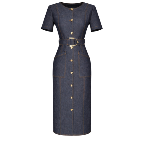 KEMER DETAY GOLD DÜĞMELİ DENİM ELBİSE