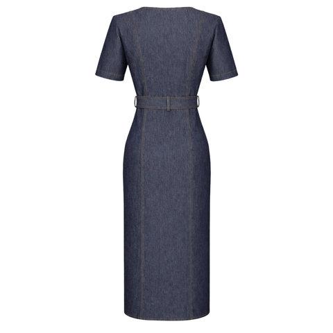 KEMER DETAY GOLD DÜĞMELİ DENİM ELBİSE