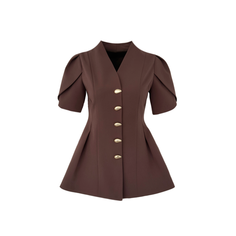 GOLD DÜĞMELİ KISA KOL TAKIM KAHVE