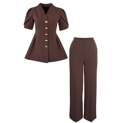 GOLD DÜĞMELİ KISA KOL TAKIM KAHVE