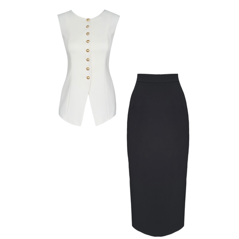 GOLD DÜĞMELİ YELEK VE KALEM ETEK TAKIM