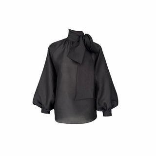 BOYUNDAN BAĞLAMALI BALON KOL OVERSİZE BLUZ SİYAH