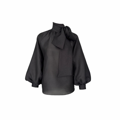 BOYUNDAN BAĞLAMALI BALON KOL OVERSİZE BLUZ SİYAH