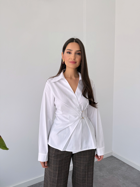 BELİ AKSESUARLI KRUVAZE KAPAMA GÖMLEK EKRU