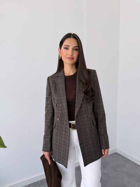 EKOSE DESEN BLAZER CEKET KAHVE